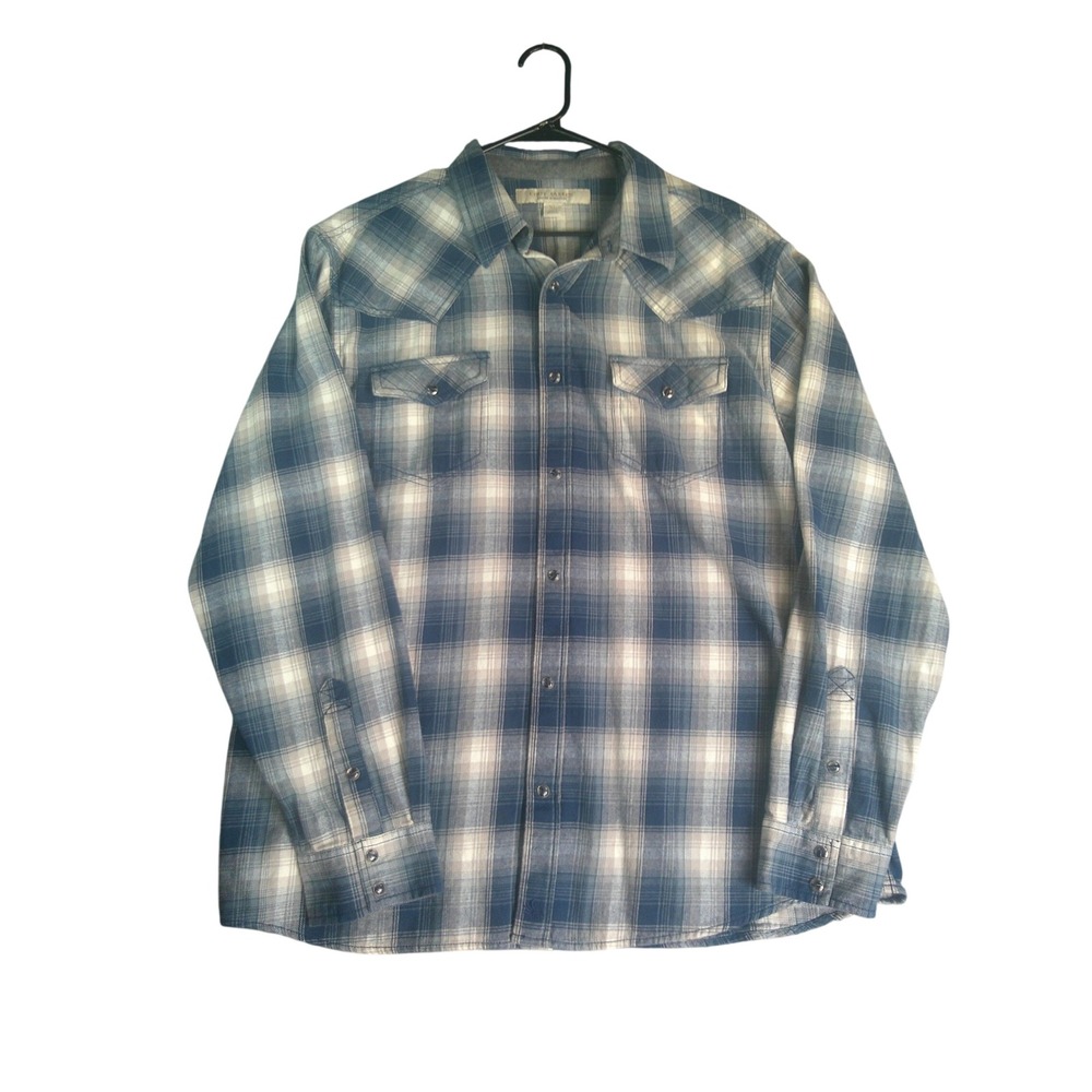 Cody James Men's XL Western Pearl Snap Plaid Cotton Flannel Shirt Blue White